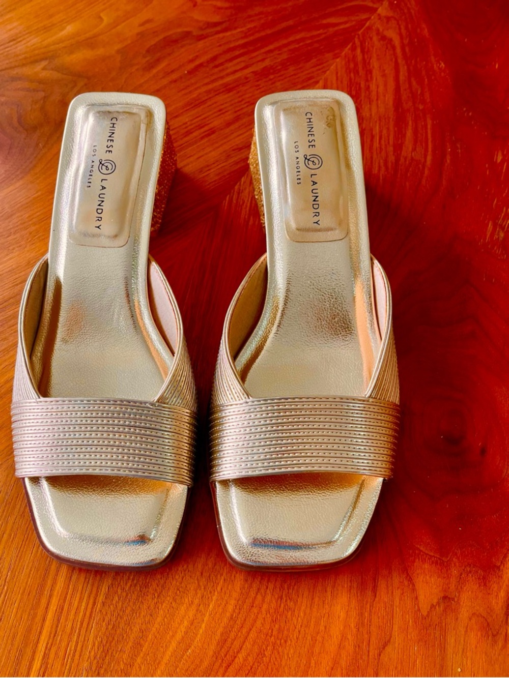 Chinese Laundry Metallic Gold Slide Mules